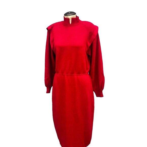 Vintage St. John Marie Red Knit Midi Dress Women's 10 80s Big Shoulders - Picture 1 of 10